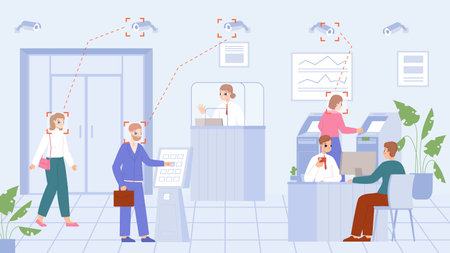 Clients face recognition in bank office. Customer service, counters and cashiers. Finance, business and credit department, snugly banking vector scene of security face recognition illustrationのイラスト素材