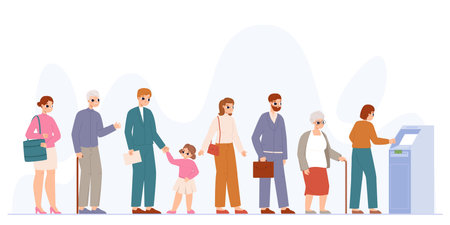 Atm people queue, person wait bank service. Waiting line to banking machine. Money and payment, client service. Cash withdrawal snugly vector scene of atm queue illustrationのイラスト素材