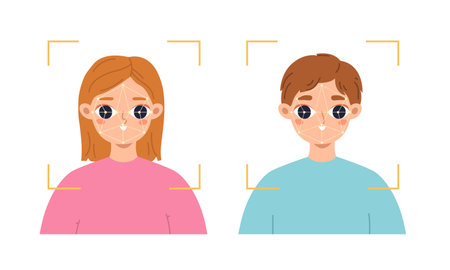 Face id concept, identification personal mobile app. Facial scan, biometric recognition and scanning. Person verification snugly vector concept of identification mobile face illustrationのイラスト素材