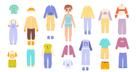 Fashion boy and clothes. Children cut game dress-up doll, fashion male kids outfits. Winter summer kid sweater and shoes, snugly cartoon vector elements. Illustration of doll children clothesのイラスト素材