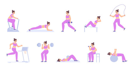 Woman sport training, gymnastics exercises and gym equipment. Girl physical workout, active sporting and health self, snugly activity vector set of fitness gym exercise, training sport illustrationのイラスト素材