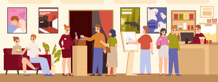 People in cinema hall, family and couples buy tickets and food. Movie theater lobby, friends spend time together. Happy weekend snugly vector scene of entertainment cinema theatre hall illustrationのイラスト素材