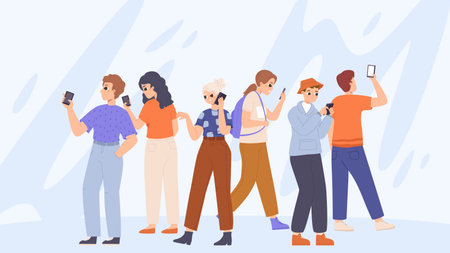 Teens communication online, gadget addiction concept. Young adults using smartphones on walk, posting and chatting. Digital time snugly vector scene with teens internet online illustrationのイラスト素材