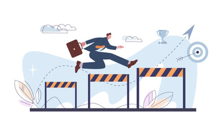 Running with obstacles to goal. Businessman jump over hurdles, run to success. Office worker overcoming barriers, problems difficulties. Corporate vector of business jump over obstacle illustrationのイラスト素材