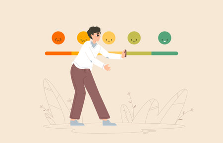 Dissatisfaction bar. Young adult or teenager pushing rating or mood. Good review or feedback, next high level. Guy like snugly vector concept of critique detail evaluate illustrationのイラスト素材