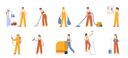 Young cleaner workers washing and disinfection. Clean company staff, service for office and house. Isolated household snugly vector characters cleaner work illustrationのイラスト素材