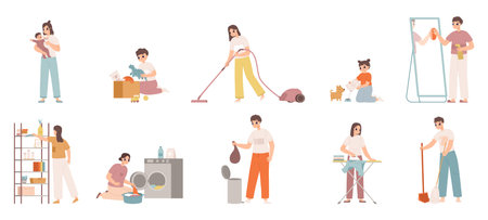 Cute housewives character. Young woman cleaning house, girl doing housework. Isolated cartoon housekeeper and nanny, cooking and clean snugly vector set of cleaning household illustrationのイラスト素材