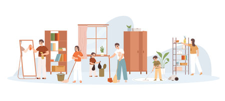 Teens cleaning home together. Family seasonal cleaning, brother and sister doing homework, vacuuming and sweeps. Snugly cartoon vector characters. Illustration of family cleaning homeのイラスト素材