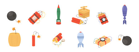 Cartoon bombs and dynamites. Various explosive weapon, mines and tnt. Military equipment, missilines and firecrackers. Snugly army vector clipart. Illustration of dynamite detonation and aggressionのイラスト素材