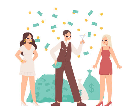 Rich boy with money and drink. Ladies flirting with playboy, young girls want finance. Successful investor character, elegance female, snugly vector scene. Illustration of wealth income successfulのイラスト素材