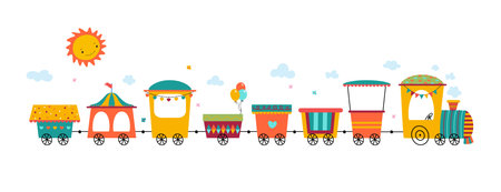 Children cartoon train, amusement park transport with sun and clouds. Kids attraction, empty trailers with flags bunting, isolated vector graphic of cartoon train in park entertainment illustrationのイラスト素材