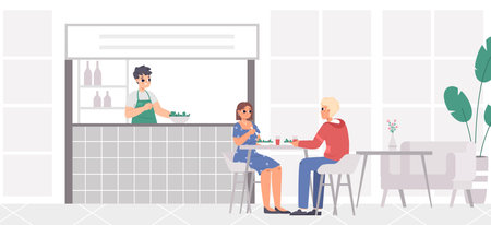 Couple on dating in cafe, cafeteria vegan. Young adults eating, waiter and visitors. Canteen, food court in mail or waiting area. Vector cartoon meet scene of love romantic dating illustrationのイラスト素材