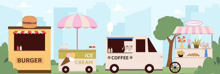 Food flea market. Street trade, coffee burger ice cream and flower stalls in city park location. Outdoor fast food cafe, vector scene of burger market and street food illustrationのイラスト素材