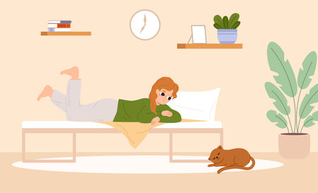 Girl resting on bed and looking at cat. Cute kitten sleep, teens relax in bedroom. Home lazy time, cartoon student tired, vector cozy scene. Illustration of girl and cat relaxのイラスト素材
