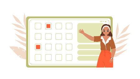 Mobile app for planning, time management or daily schedule concept. Cute teenager, student pointed on smartphone screen, vector business scene of daily schedule task and month illustrationのイラスト素材