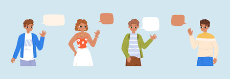 Teenagers and young adults with speech bubbles. Cute cartoon people communication and greet each other. Funny students vector characters communication and positive discussion illustrationのイラスト素材