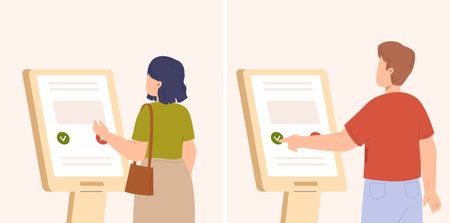 Buy or pay in postamat. Man woman stand at auto screen, banking or ticket buying. Simple digital or electronic service for people, vector characters. Illustration of screen terminal technologyのイラスト素材
