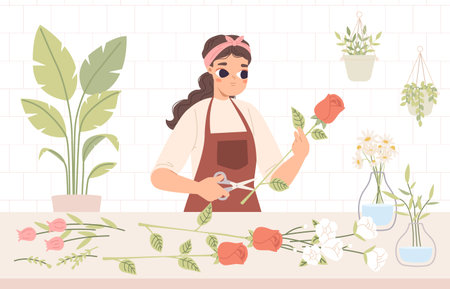 Female florist. Young pretty woman working in flower shop and caring at plants. Cute professional, small business concept, snugly vector scene of florist with flower, female pretty illustrationのイラスト素材