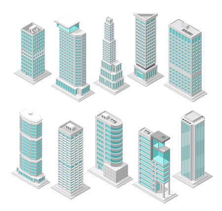 Isometric office urban buildings. Modern district architecture with skyscrapers. 3d simple apartments houses, downtown building, flawless vector set of architecture urban city illustrationのイラスト素材