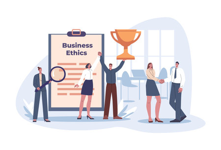 Corporate ethics in office. Happy business partners or managers handshake. Successful teamwork, company laws and standards kicky vector scene corporate office ethics illustrationのイラスト素材