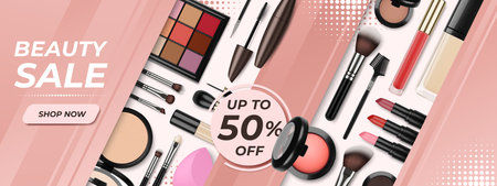 Realistic cosmetic banner. Makeup products sale poster, decorative cosmetics and brushes. Advertising make up store, pithy vector trendy design of makeup beauty cosmetic illustrationのイラスト素材