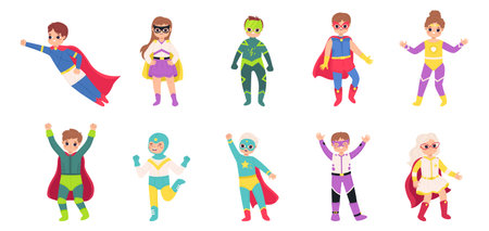 Children wear heroes costumes. Cartoon super girl and boy flying. Superhero little kids, isolated funny brave toddlers. Cute snugly vector characters in costume  illustrationのイラスト素材