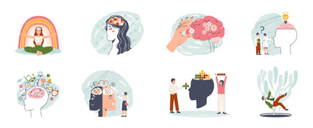 Cognitive brain and calm mind support. Teenagers develop mental connections, head and soul training. Creativity and psychology, snugly vector scenes of brain mind mental illustrationのイラスト素材