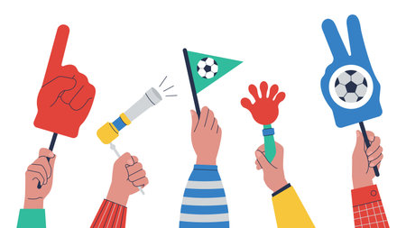 Footballs fans hand. Foam finger, flag and trumpet. Isolated soccer championship objects. Fan support sport team on competition, decent vector banner hand finger for football fan illustrationのイラスト素材