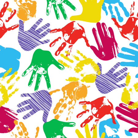 Handprint colorful  pattern. Grunge palm prints in paint background. Cute childish or family design, stylish fabric print. Neoteric vector template of handprint fingerprint illustrationのイラスト素材