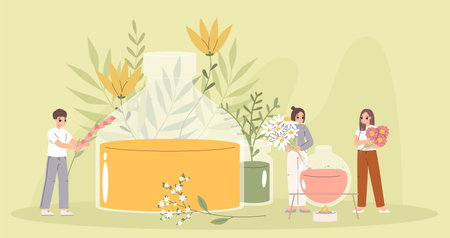 Natural cosmetics creation. Eco herbs and flowers for cosmetic, essential oils or fragrance. Homemade perfume, young creators snugly vector scene of flower organic natural, eco and herbal cosmeticのイラスト素材