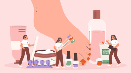 Pedicure scene. Beauty salon professionals caring foot. Tiny girls doing medical beautical procedure, nail art and legs caring, snugly vector scene of beauty pedicure illustration, woman careのイラスト素材