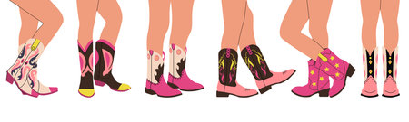 Legs in cowboy boots. Cowgirl leg, fashion young women wear wild west style shoes. Western and texas, cartoon trendy accessories vector set of cowgirl american, fashion vintage wild west illustrationのイラスト素材
