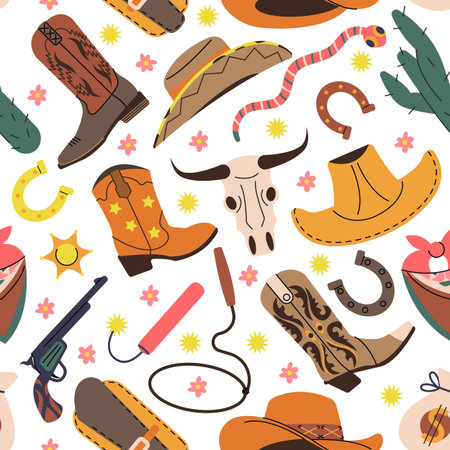 Stylish cowboy  pattern. Horseshoe, boots and hats wild west style. Fashion western rodeo print design. Decorative decent vector background cowboy  illustrationのイラスト素材