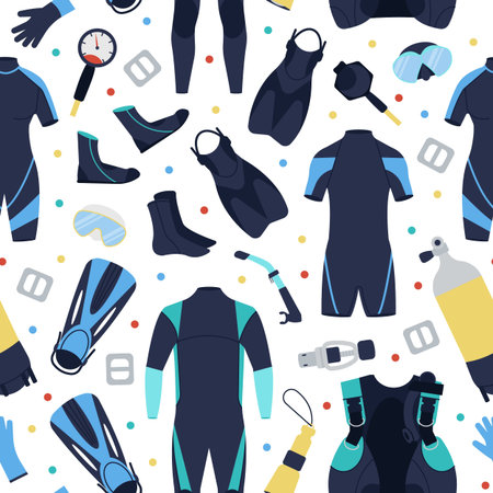 Scuba diving  pattern. Snorkeling hobby, underwater exploring elements. Tourist activity in ocean, suits and equipment decent vector background with underwater sport equipment illustrationのイラスト素材