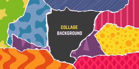 Collage background. Trendy abstract banner with colorful decorative sheets with torn edges. Scrapbook design, vintage cover neoteric vector poster of abstract sheet torn edge illustrationのイラスト素材