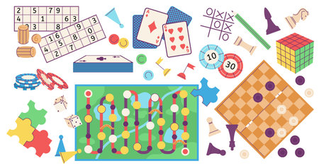 Board games cartoon set. Chess and puzzle, game cards and bones. Various types equipment for leisure and friends meet, decent vector collection of chess and puzzle, board game illustrationのイラスト素材