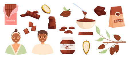 Chocolate and beauty procedures. Cocoa products, liquid choco and bars. Young girl and boy with sweet face mask. Dessert cartoon snugly vector set of care spa cosmetic illustrationのイラスト素材
