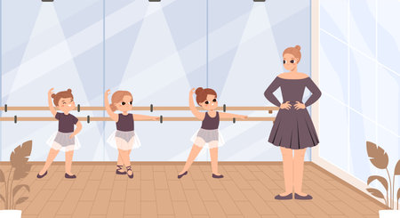 Ballet class. Little ballerinas with teacher on lesson. Classical dance workout for toddlers, training and development for children, snugly vector scene ballet class dance illustrationのイラスト素材