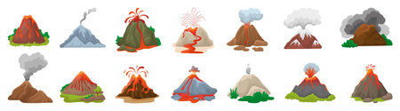 Cartoon volcanoes eruption. Volcano processes, natural disasters with fire fountains, flames, ashes and smokes. Nature elements, neoteric vector set of mountain volcano illustrationのイラスト素材