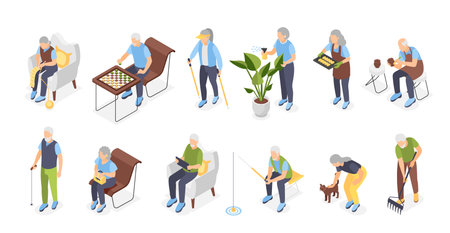Isometric elderly characters. Old people hobbies, knitting fishing gardening reading and chess playing. Pension lifestyle flawless vector set of elderly and old senior illustrationのイラスト素材