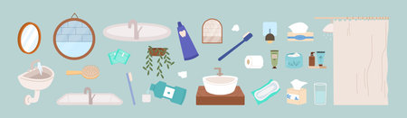 Bathroom elements. Hygiene items and furniture. Sinks mirrors douche and plant. Teeth brush, paste tube cream bottles, female pads and paper vector collection interior toilet and bath illustrationのイラスト素材