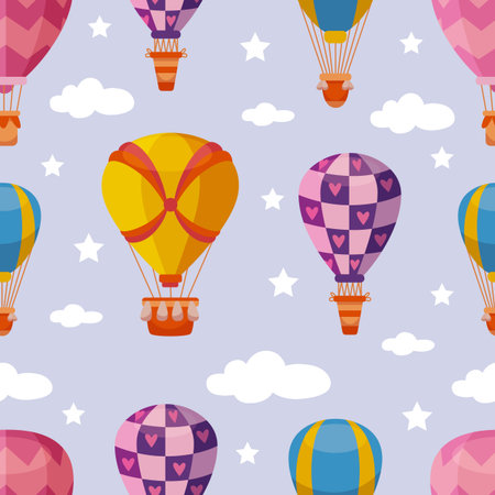 Hot air balloon  pattern. Travel balloons flying in sky, white clouds and stars. Airship fabric or wrapping print design. Childish neoteric vector background authors creationのイラスト素材