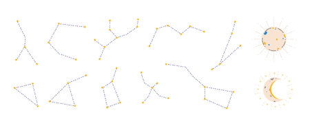 Abstract constellations sun moon. Crescent decorative element with line rays, boho style universe...