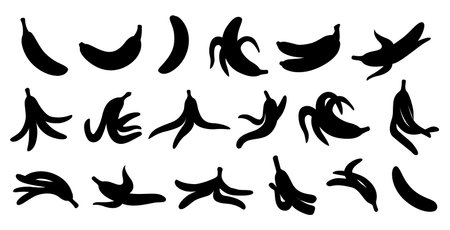 Banana black silhouettes. Bananas fruits and peels. Flat isolated fruit monochrome icons, food, harvest season, vitamins raw vector clipart authors workのイラスト素材