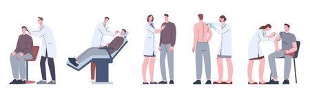 Man at doctors. Medical check up for army job police or vaccination. Preparation for surgery or travel. Young guy in hospital vector scenes authors workのイラスト素材