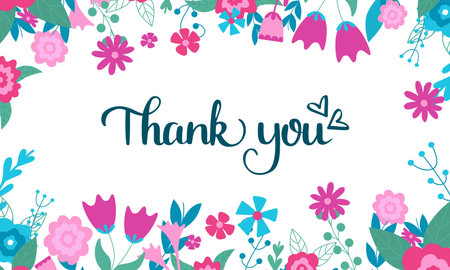Thank you banner design. Doodle flowers and handwritten phrase with hearts. Floral frame template. Gratitude, respect and appreciation vector postcard authors workのイラスト素材