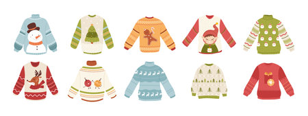 Ugly sweaters set. Cartoon sweater christmas party design. Xmas outfit for friends or family, funny holiday knit clothes. Different jumpers snugly vector set authors creationのイラスト素材