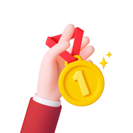 3d render golden medal in human hand. Business winner concept. Businessman hold gold medal with red ribbon. Celebrating, prize, vector realistic elements original artworkのイラスト素材