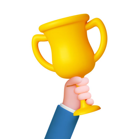 Businessman holding golden cup. 3d gold trophy, business victory and success, leadership. Celebrating champions, winners. Sport competition prize vector concept original artworkのイラスト素材