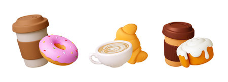 Coffee breakfast 3d. To go mug and pastry. Take away bakery food, americano cappuccino espresso. Croissant donut and bun roll, vector realistic elements original artworkのイラスト素材